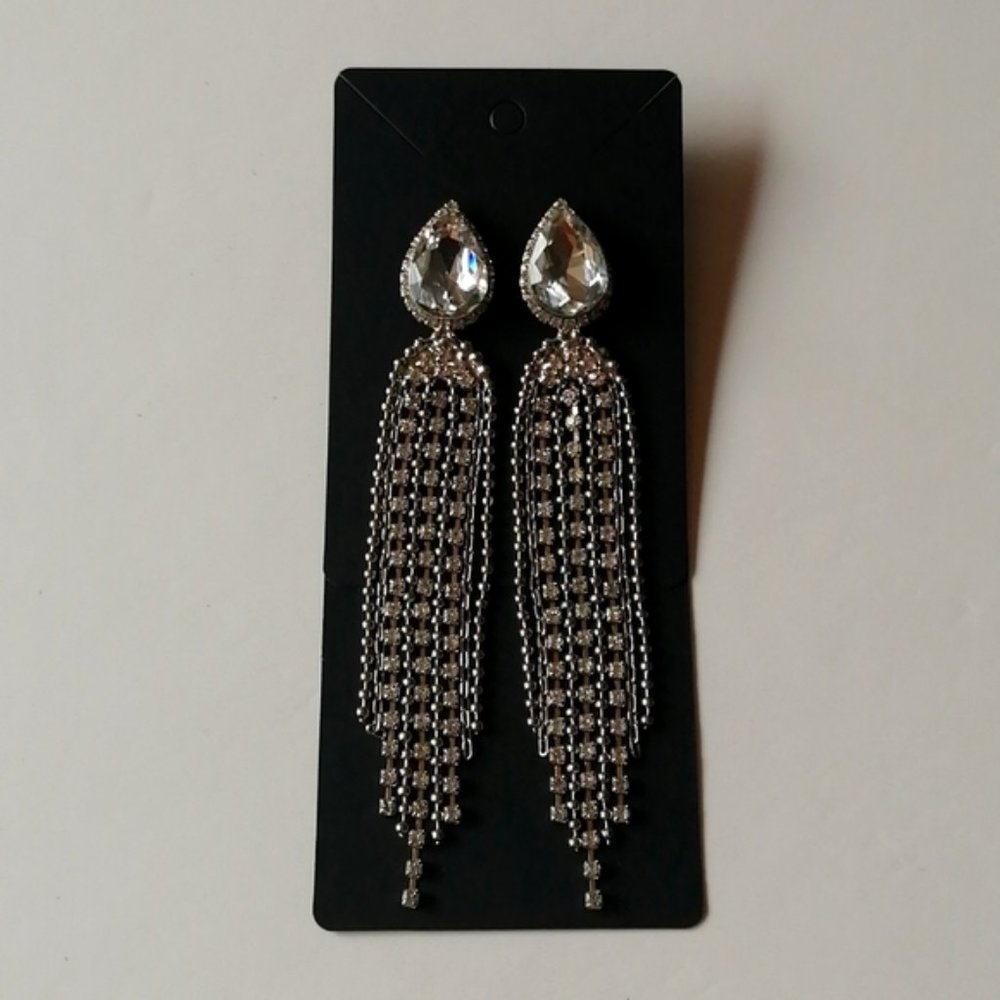 Badgley Mischka Long Rhinestone Dangle Cascade Statement Silvertone Earrings
